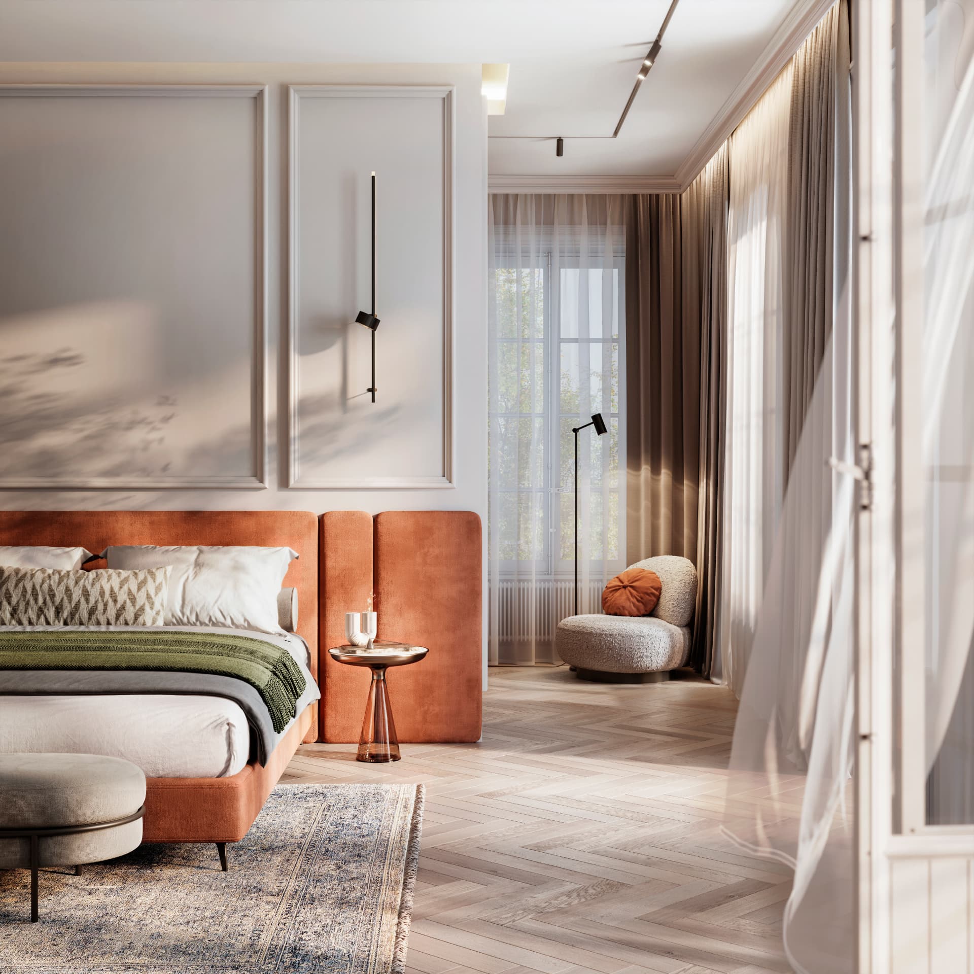 Luxury hotel suite with orange velvet bed and herringbone timber floor