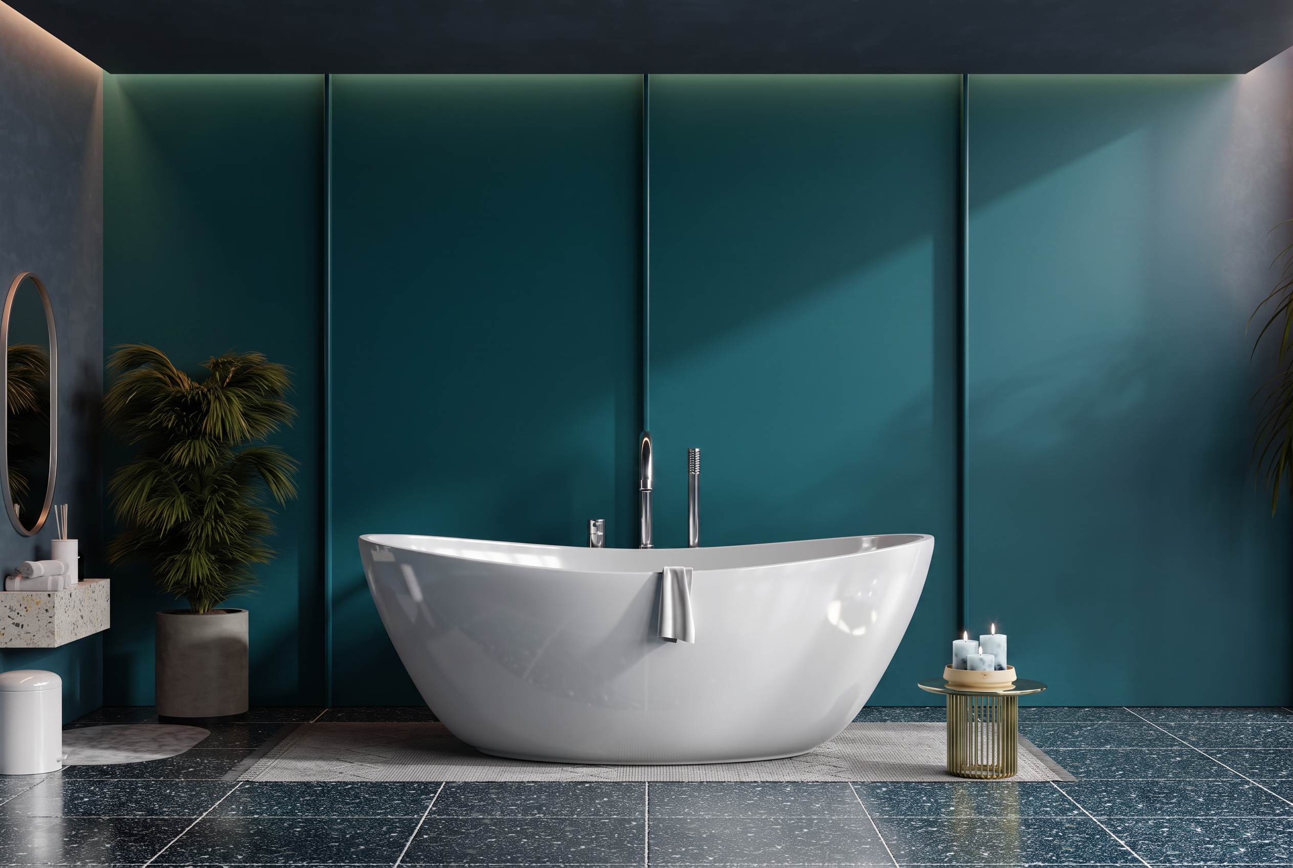White freestanding bath against a dark panelled wall in a moody hotel bathroom